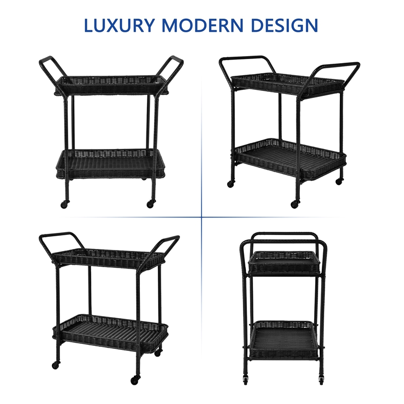 Jeco Wicker Patio Serving Cart in Black