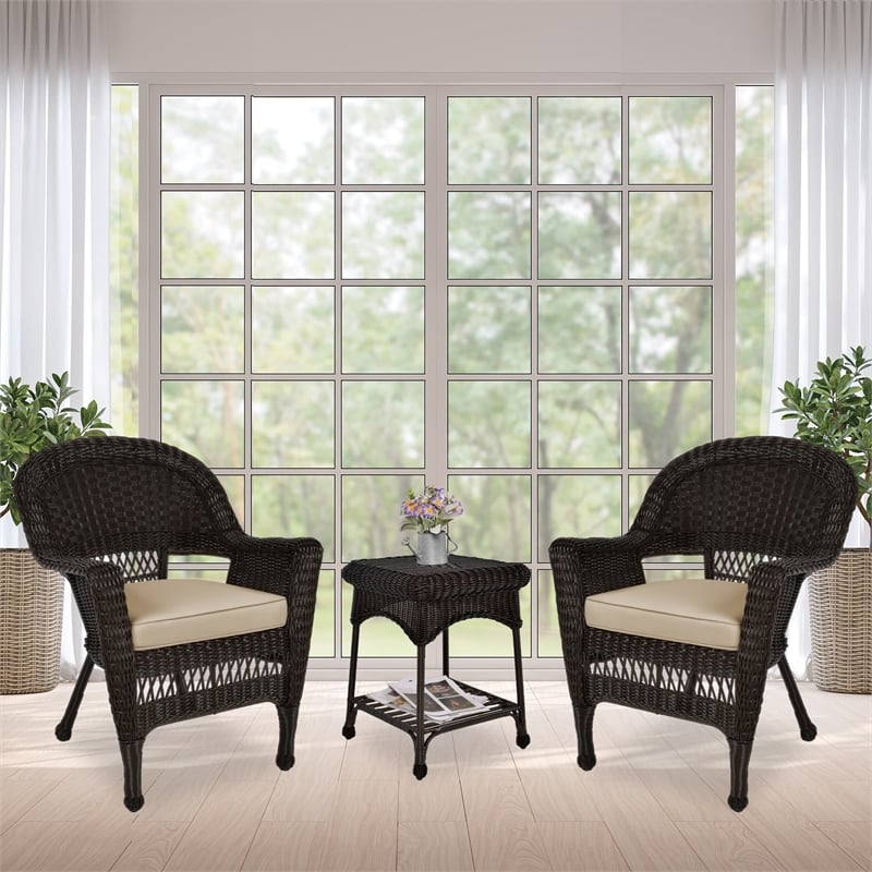 Jeco 3 Piece Wicker Conversation Set in Espresso with Tan Cushions