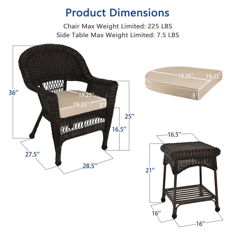 Jeco 3 Piece Wicker Conversation Set in Espresso with Tan Cushions