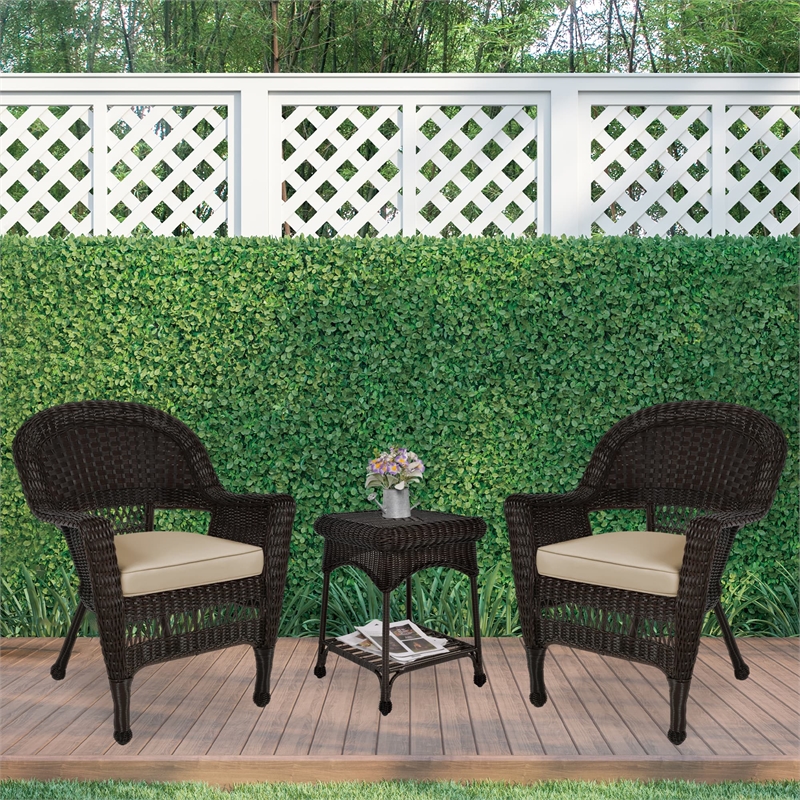 Jeco 3 Piece Wicker Conversation Set in Espresso with Tan Cushions