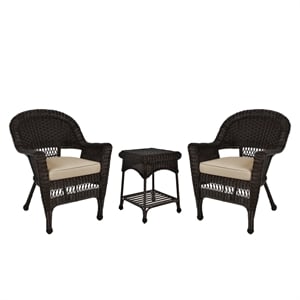 Jeco 3 Piece Wicker Conversation Set in Espresso with Tan Cushions