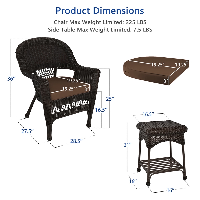 Jeco 3 Piece Wicker Conversation Set in Espresso with Brown Cushions