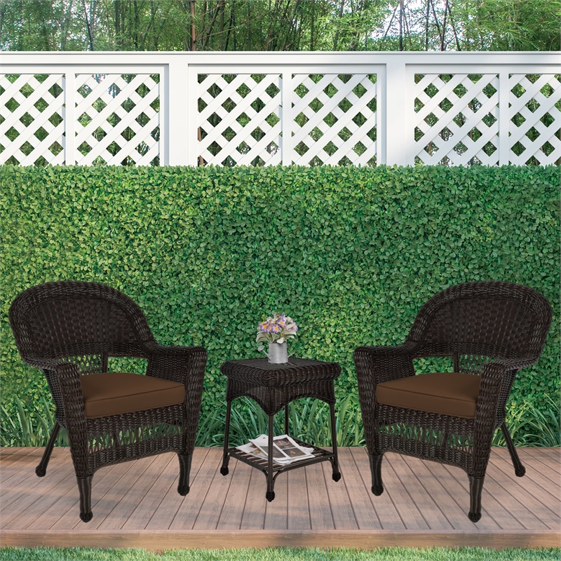 Jeco 3 Piece Wicker Conversation Set in Espresso with Brown Cushions