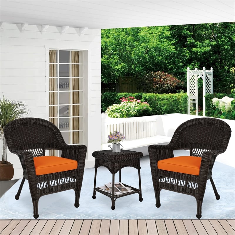 Jeco 3 Piece Wicker Conversation Set in Espresso with Orange Cushions