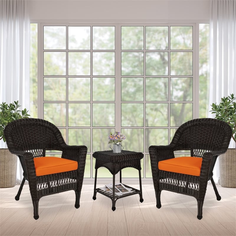 Jeco 3 Piece Wicker Conversation Set in Espresso with Orange Cushions