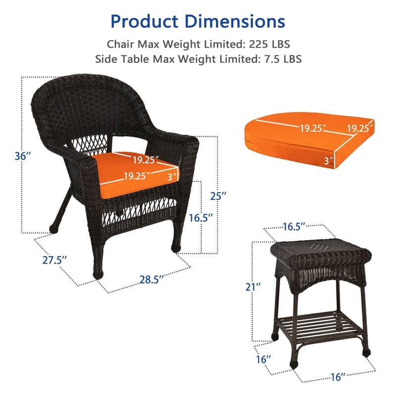Jeco 3 Piece Wicker Conversation Set in Espresso with Orange Cushions