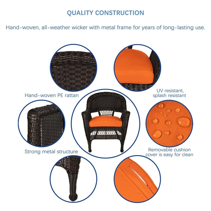 Jeco 3 Piece Wicker Conversation Set in Espresso with Orange Cushions