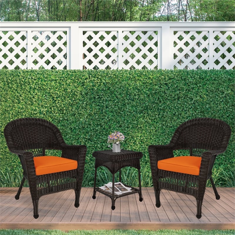 Jeco 3 Piece Wicker Conversation Set in Espresso with Orange Cushions
