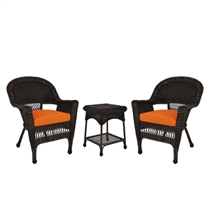 Jeco 3 Piece Wicker Conversation Set in Espresso with Orange Cushions