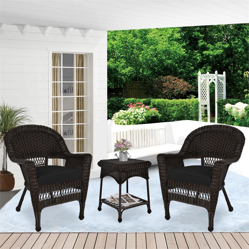 Jeco 3 Piece Wicker Conversation Set in Espresso with Black Cushions