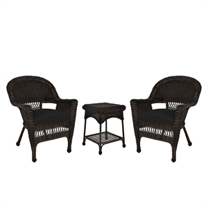 Jeco 3 Piece Wicker Conversation Set in Espresso with Black Cushions