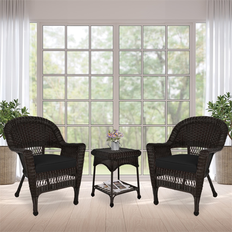 Jeco 3 Piece Wicker Conversation Set in Espresso with Black Cushions