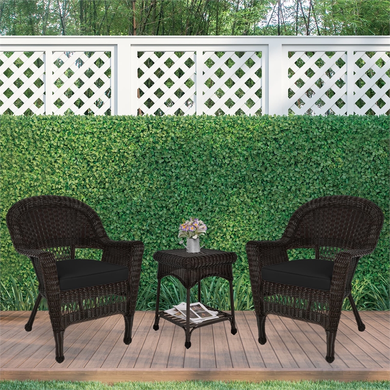 Jeco 3 Piece Wicker Conversation Set in Espresso with Black Cushions