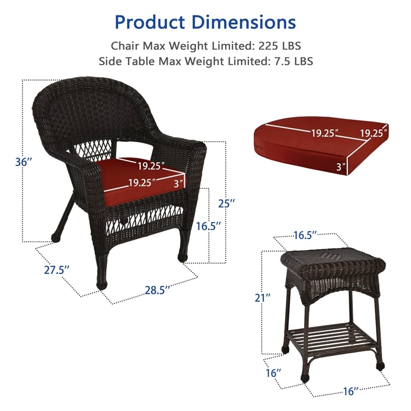 Jeco 3 Piece Wicker Conversation Set in Espresso with Red Cushions