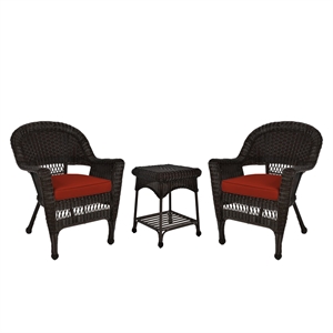 Jeco 3 Piece Wicker Conversation Set in Espresso with Red Cushions