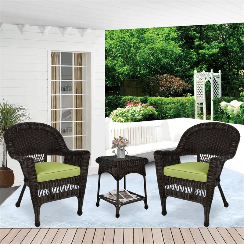 Jeco 3 Piece Wicker Conversation Set in Espresso with Green Cushions