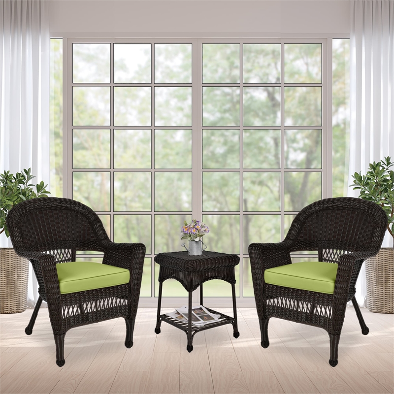 Jeco 3 Piece Wicker Conversation Set in Espresso with Green Cushions