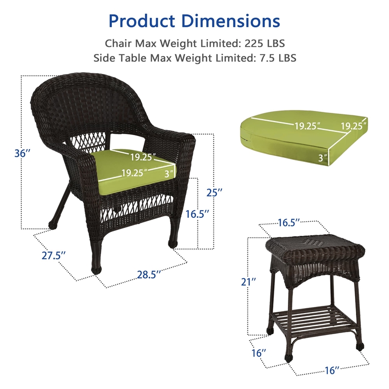 Jeco 3 Piece Wicker Conversation Set in Espresso with Green Cushions