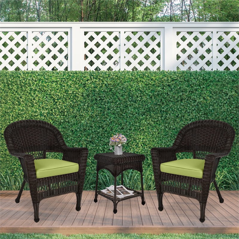 Jeco 3 Piece Wicker Conversation Set in Espresso with Green Cushions