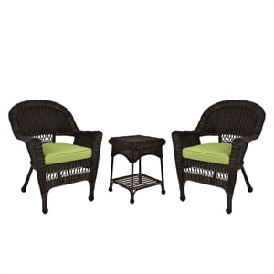 Jeco 3 Piece Wicker Conversation Set in Espresso with Green Cushions