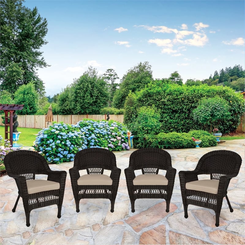 Jeco Wicker Chair in Espresso with Tan Cushion (Set of 4)