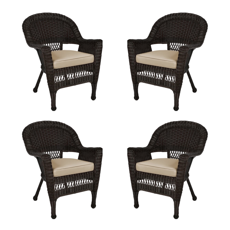 Jeco Wicker Chair in Espresso with Tan Cushion (Set of 4)