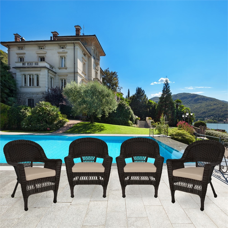 Jeco Wicker Chair in Espresso with Tan Cushion (Set of 4)