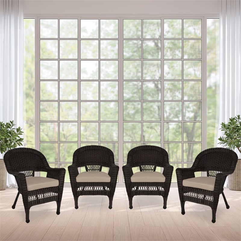 Jeco Wicker Chair in Espresso with Tan Cushion (Set of 4)