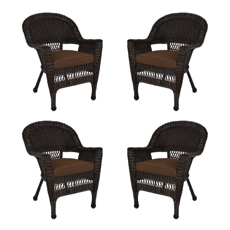 Jeco Wicker Chair in Espresso with Brown Cushion (Set of 4)