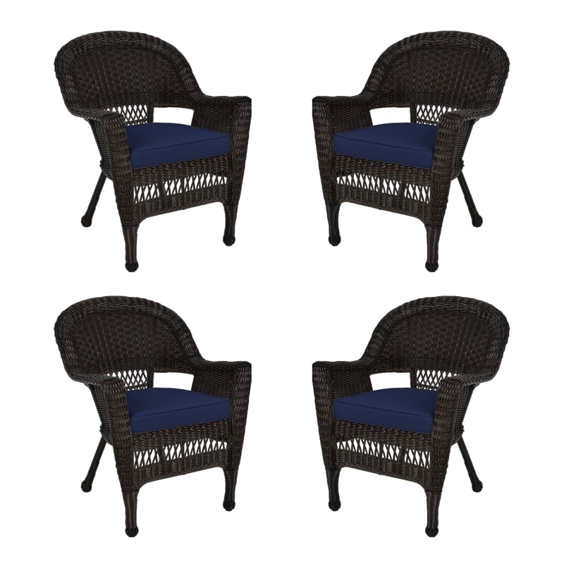 Jeco Wicker Chair in Espresso with Blue Cushion (Set of 4)