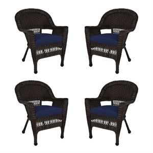 Jeco Wicker Chair in Espresso with Blue Cushion (Set of 4)