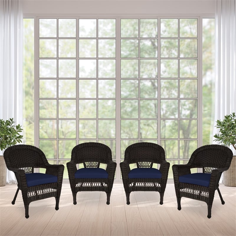 Jeco Wicker Chair in Espresso with Blue Cushion (Set of 4)