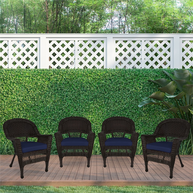 Jeco Wicker Chair in Espresso with Blue Cushion (Set of 4)