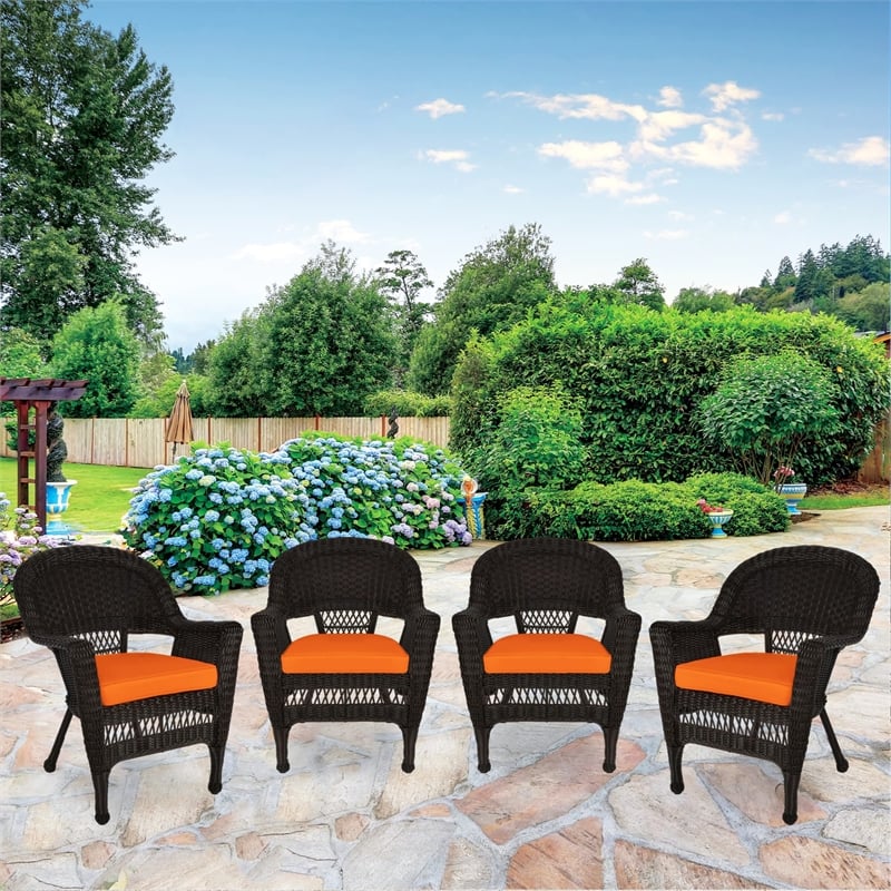 Jeco Wicker Chair in Espresso with Orange Cushion (Set of 4)