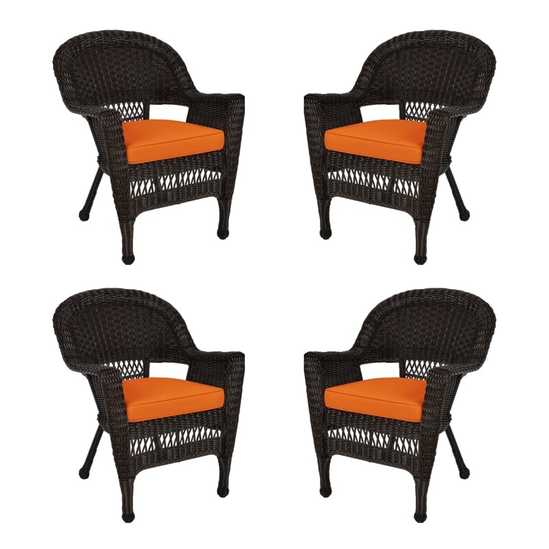 Jeco Wicker Chair in Espresso with Orange Cushion (Set of 4)