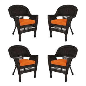Jeco Wicker Chair in Espresso with Orange Cushion (Set of 4)