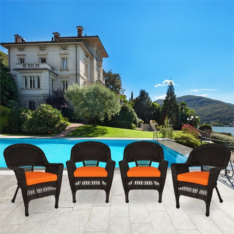 Jeco Wicker Chair in Espresso with Orange Cushion (Set of 4)