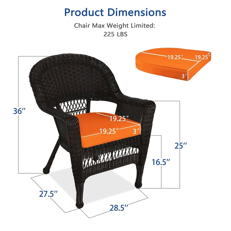Jeco Wicker Chair in Espresso with Orange Cushion (Set of 4)