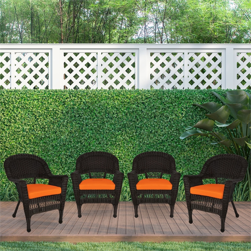 Jeco Wicker Chair in Espresso with Orange Cushion (Set of 4)