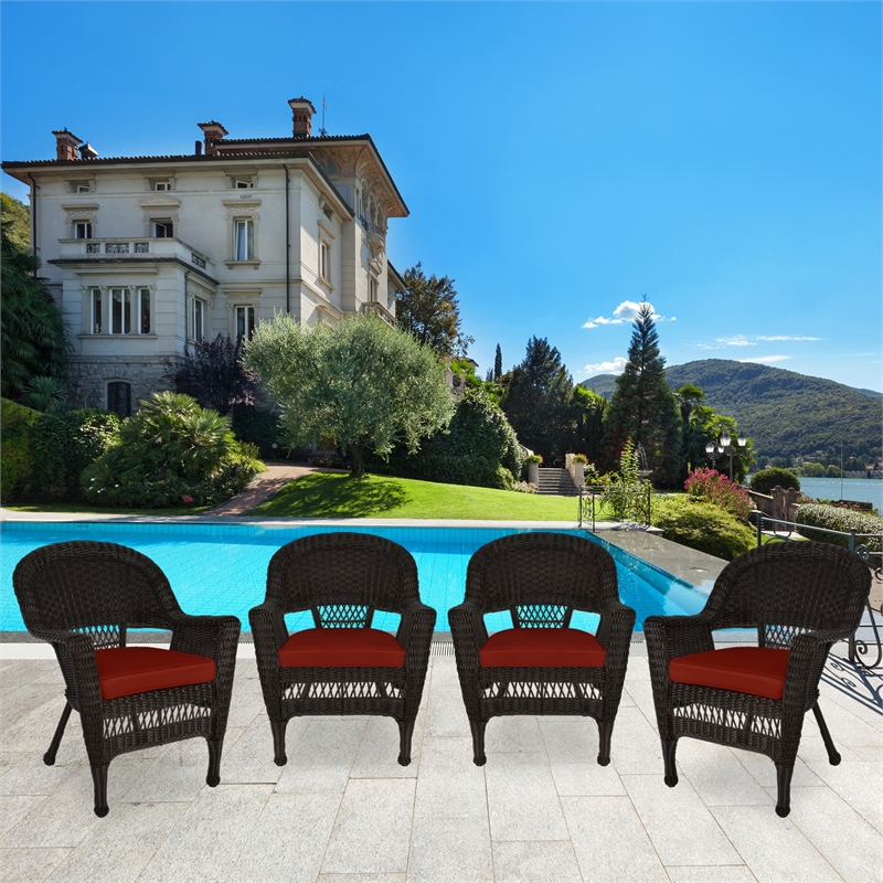 Jeco Wicker Chair in Espresso with Black Cushion (Set of 4)
