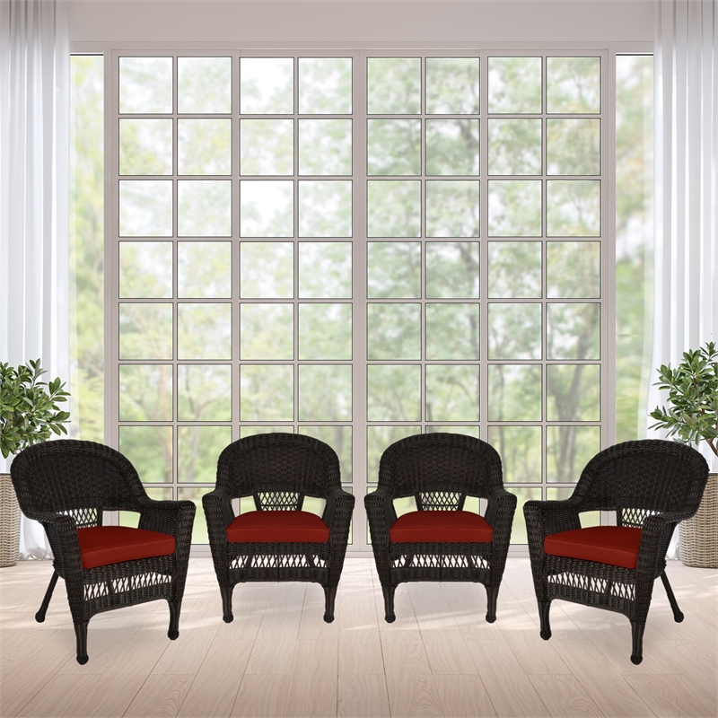 Jeco Wicker Chair in Espresso with Black Cushion (Set of 4)