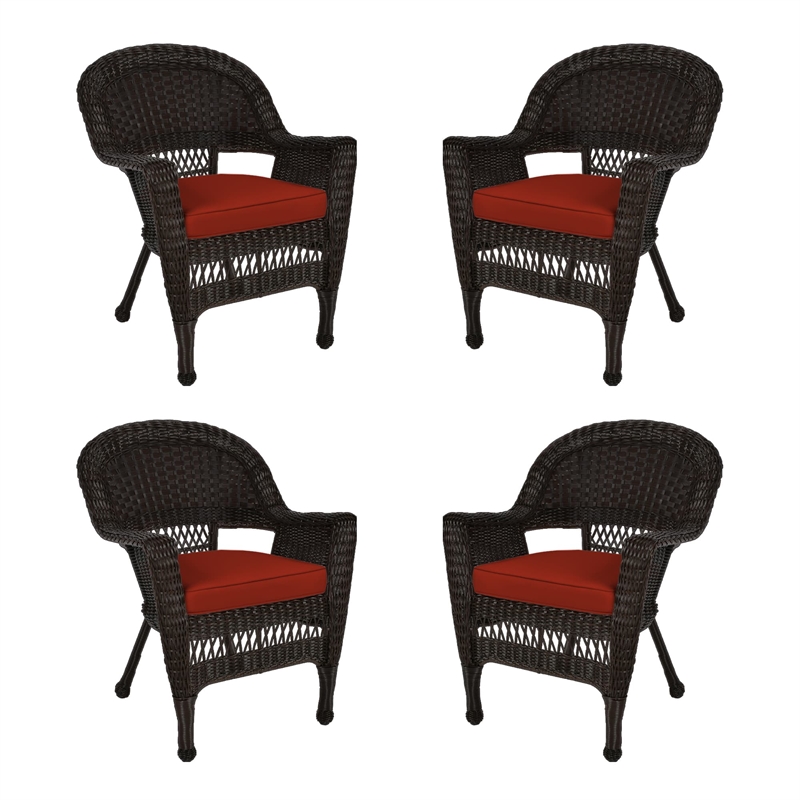 Jeco Wicker Chair in Espresso with Red Cushion (Set of 4)