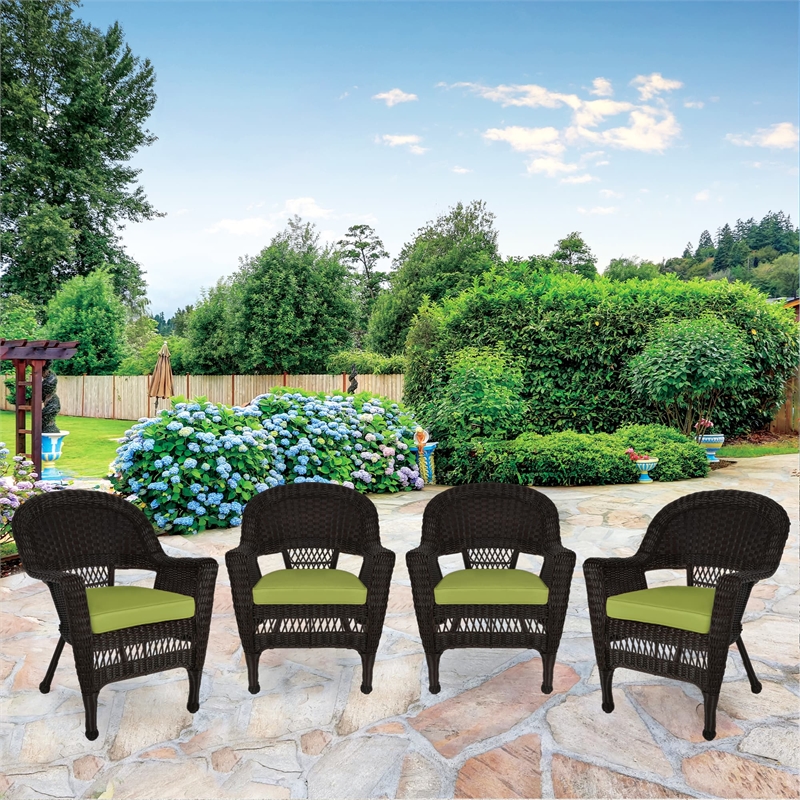 Jeco Wicker Chair in Espresso with Green Cushion (Set of 4)