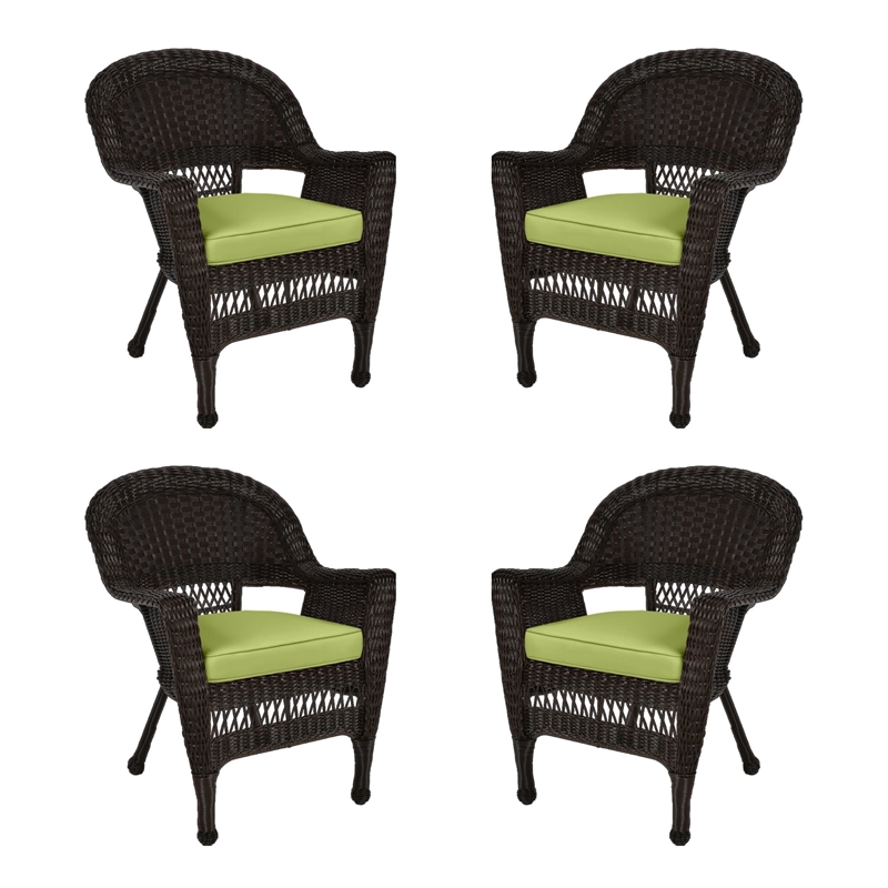 Jeco Wicker Chair in Espresso with Green Cushion (Set of 4)
