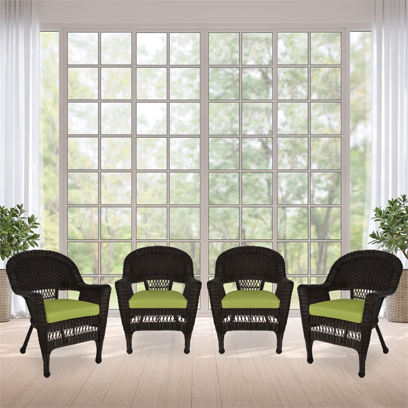 Jeco Wicker Chair in Espresso with Green Cushion (Set of 4)