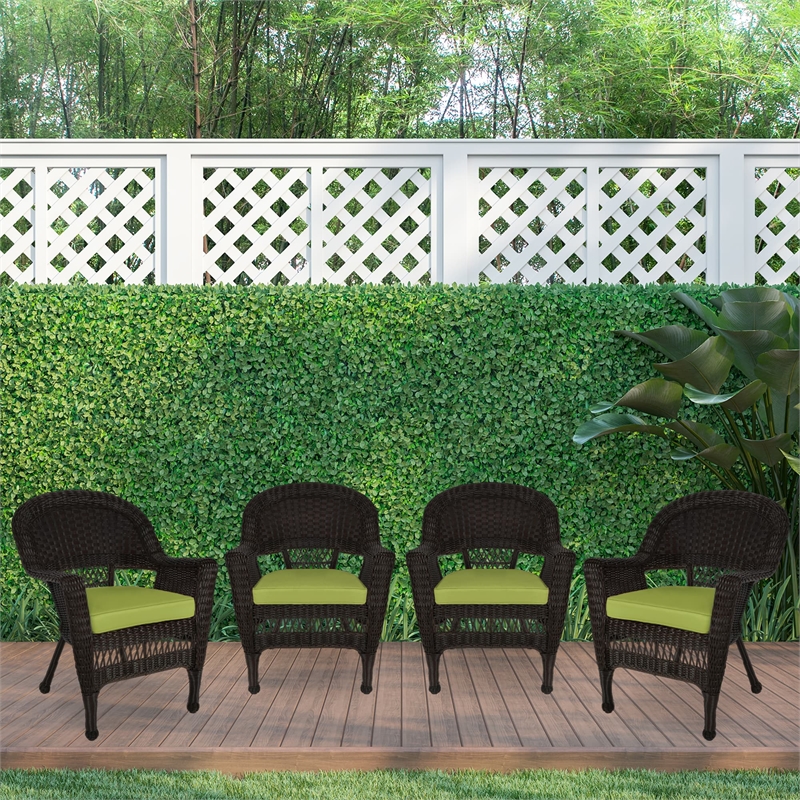 Jeco Wicker Chair in Espresso with Green Cushion (Set of 4)