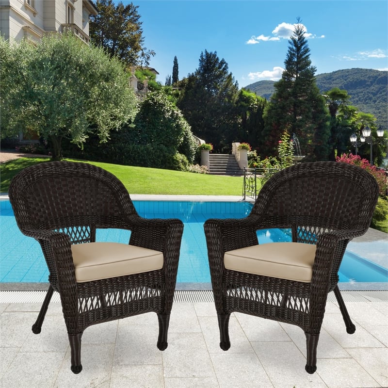 Jeco Wicker Chair in Espresso with Tan Cushion (Set of 2)