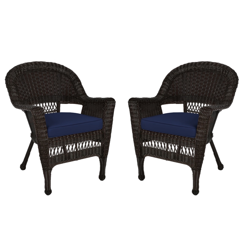 Jeco Wicker Chair in Espresso with Blue Cushion (Set of 2)