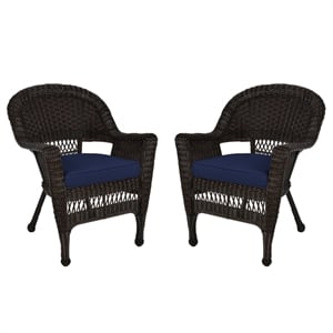 Jeco Wicker Chair in Espresso with Blue Cushion (Set of 2)