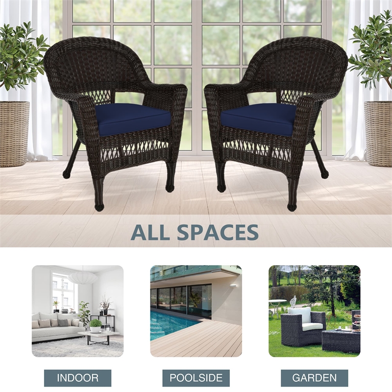 Jeco Wicker Chair in Espresso with Blue Cushion (Set of 2)